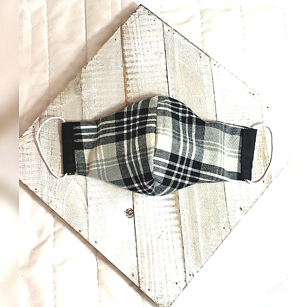 Black White Plaid Face Mask Reversible Triple Layer Filter
